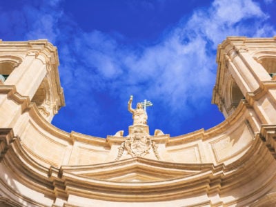 Valletta, Malta, St Johns cathedral on blue sky background, under view
